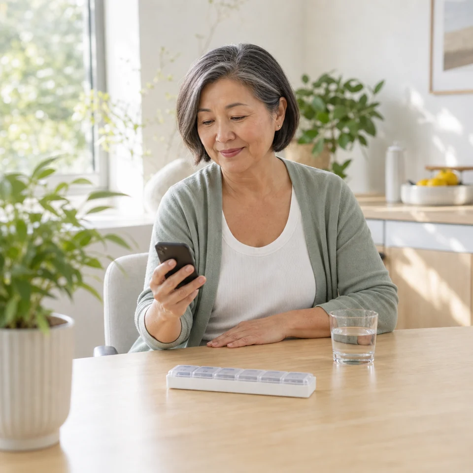 A woman at her kitchen table with a weekly pill organiser and a glass of water, checking her phone