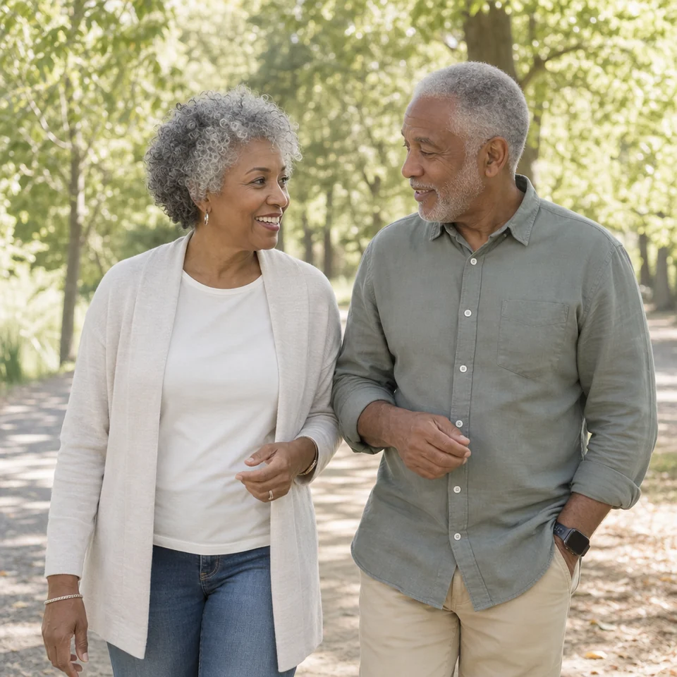 An older couple taking a gentle walk together in a park, one wearing a smartwatch