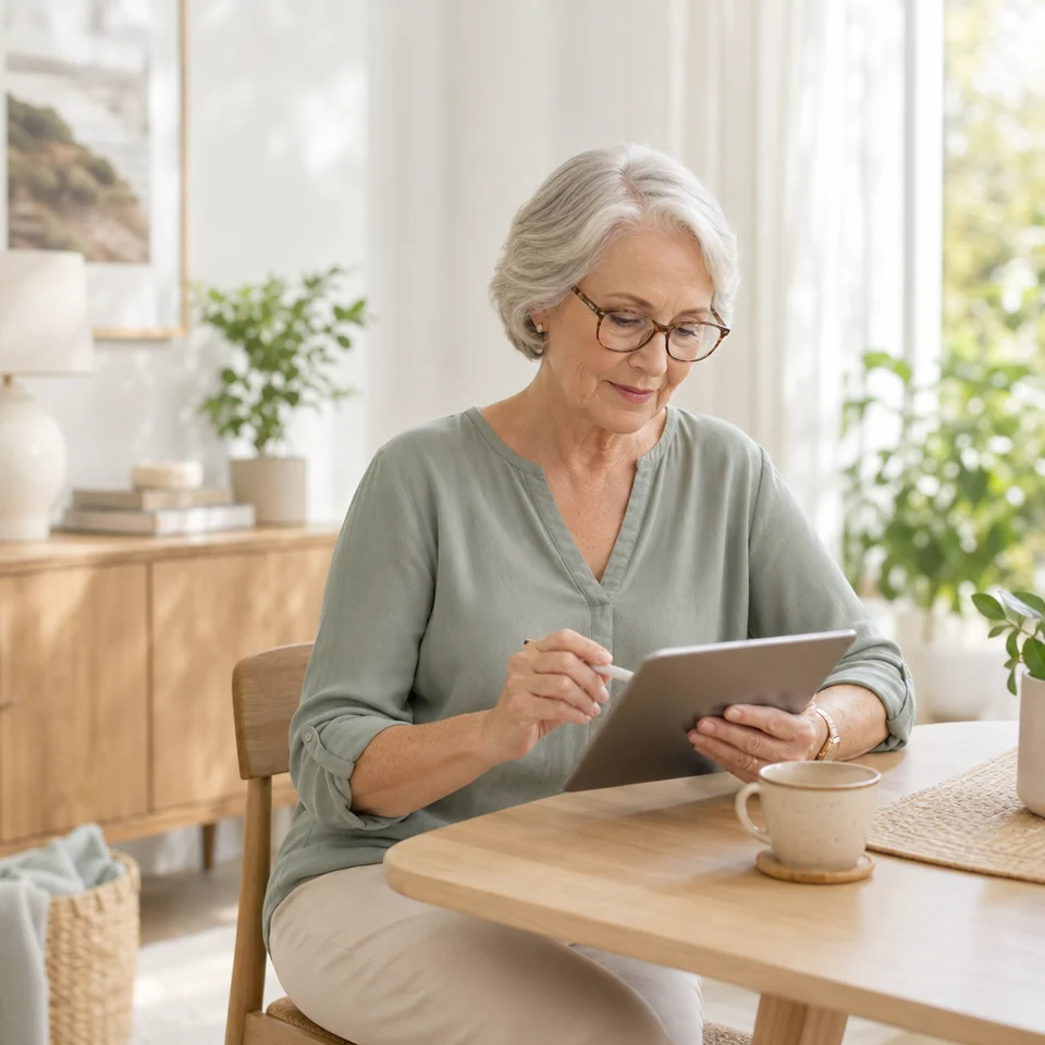 A woman completing a health history form on a tablet at home before her appointment