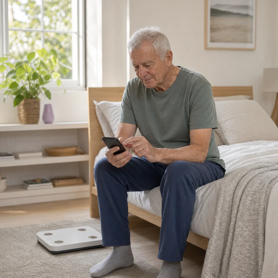 An older man recording his morning weight on his phone, with bathroom scales on the floor beside him