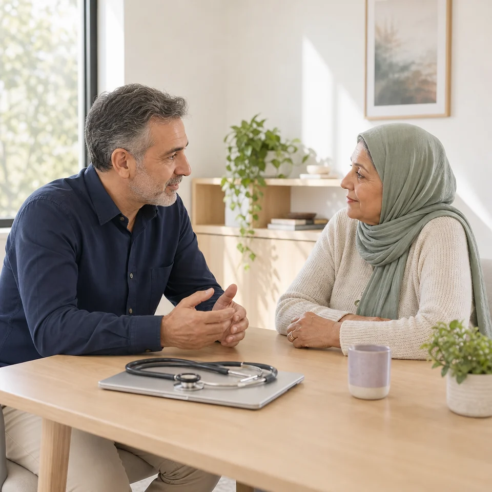 A cardiologist talking with a patient in a consulting room about her heart failure care