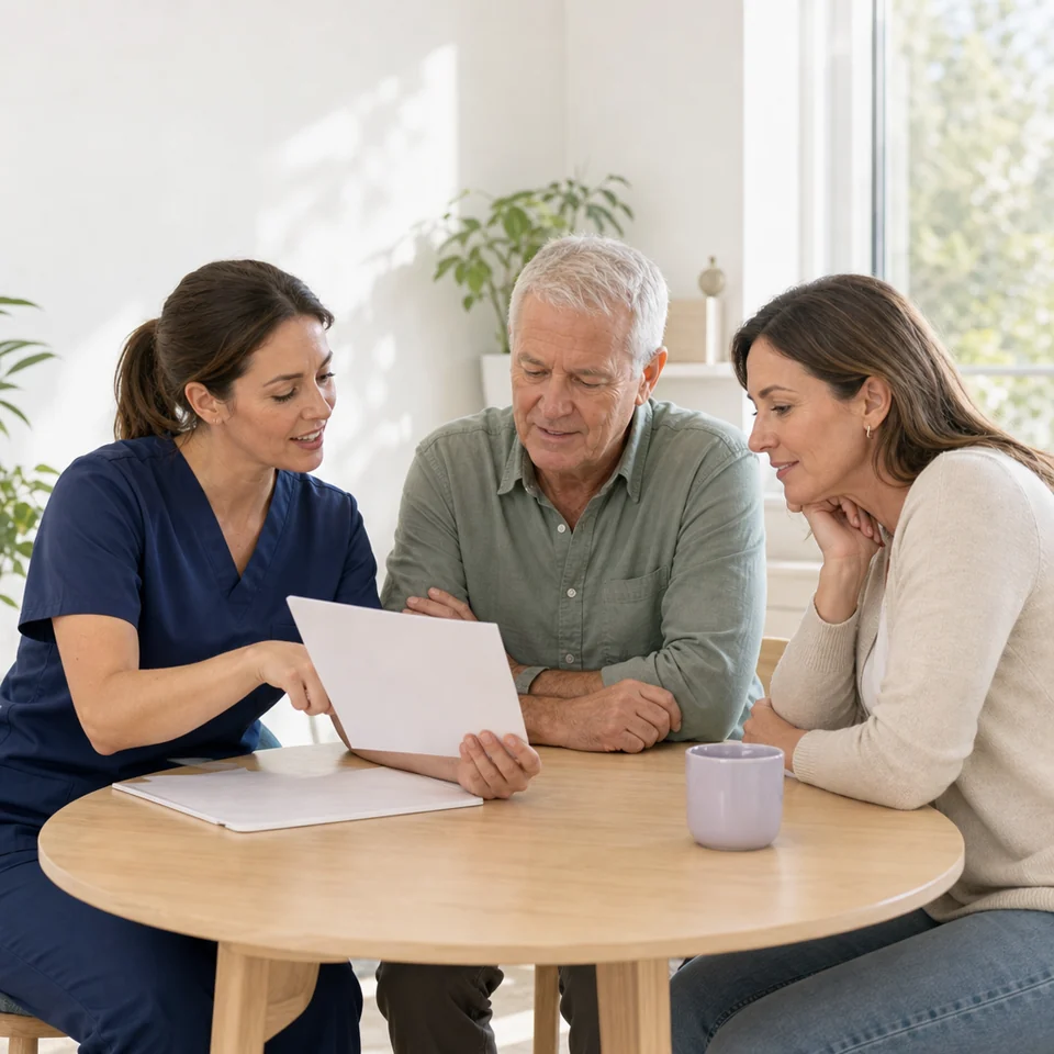 A heart failure nurse explaining a care plan to a patient and his daughter