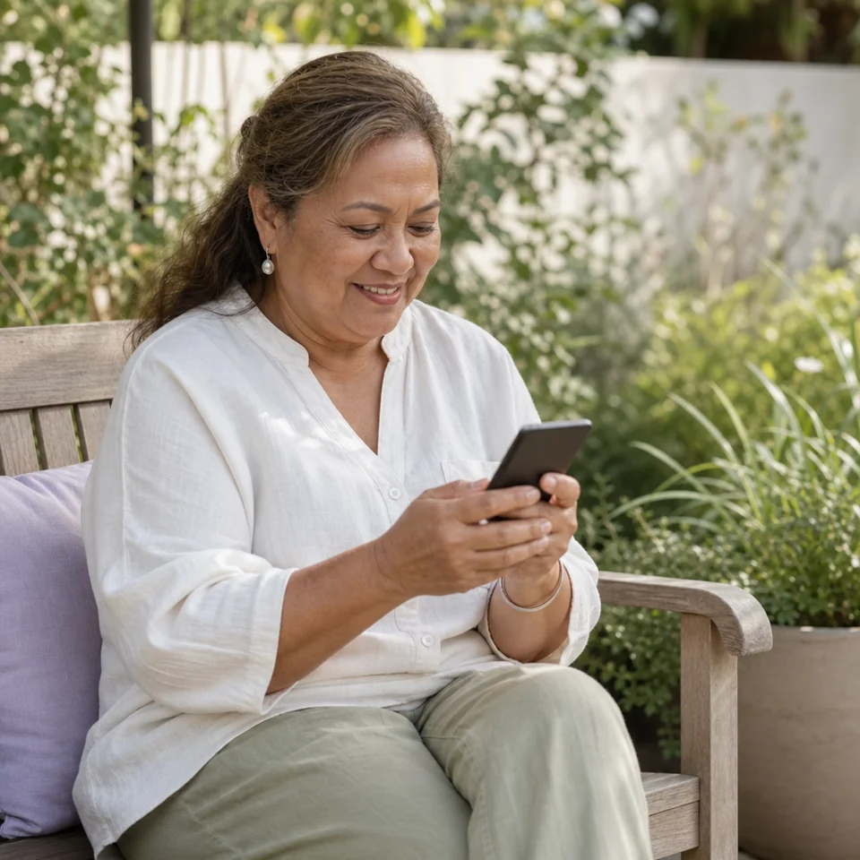 A woman reading a message from her care team on her phone in her garden