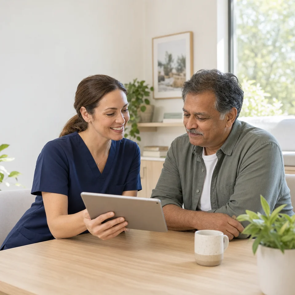 A clinician and a patient reviewing a diabetes care plan together on a tablet