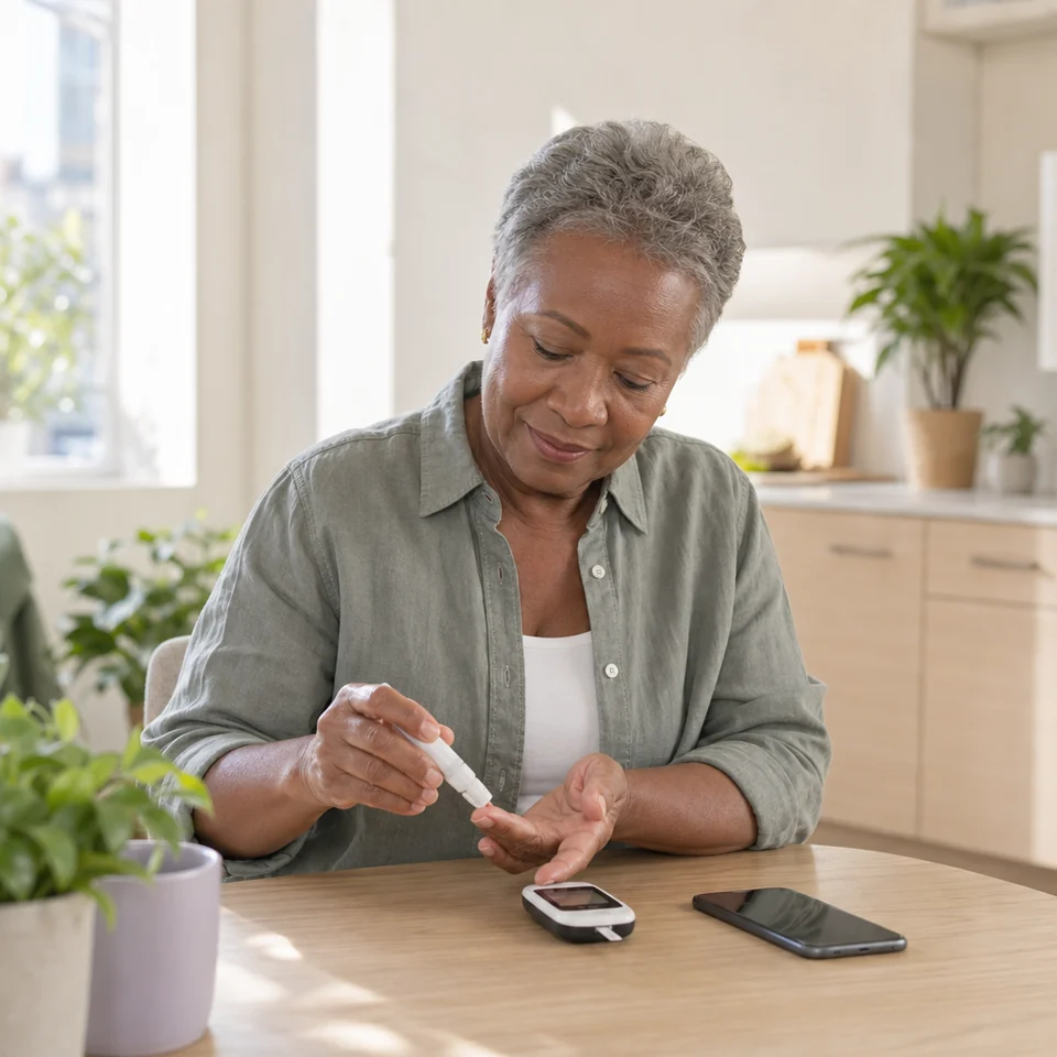 A woman checking her blood glucose at home with a finger-prick meter