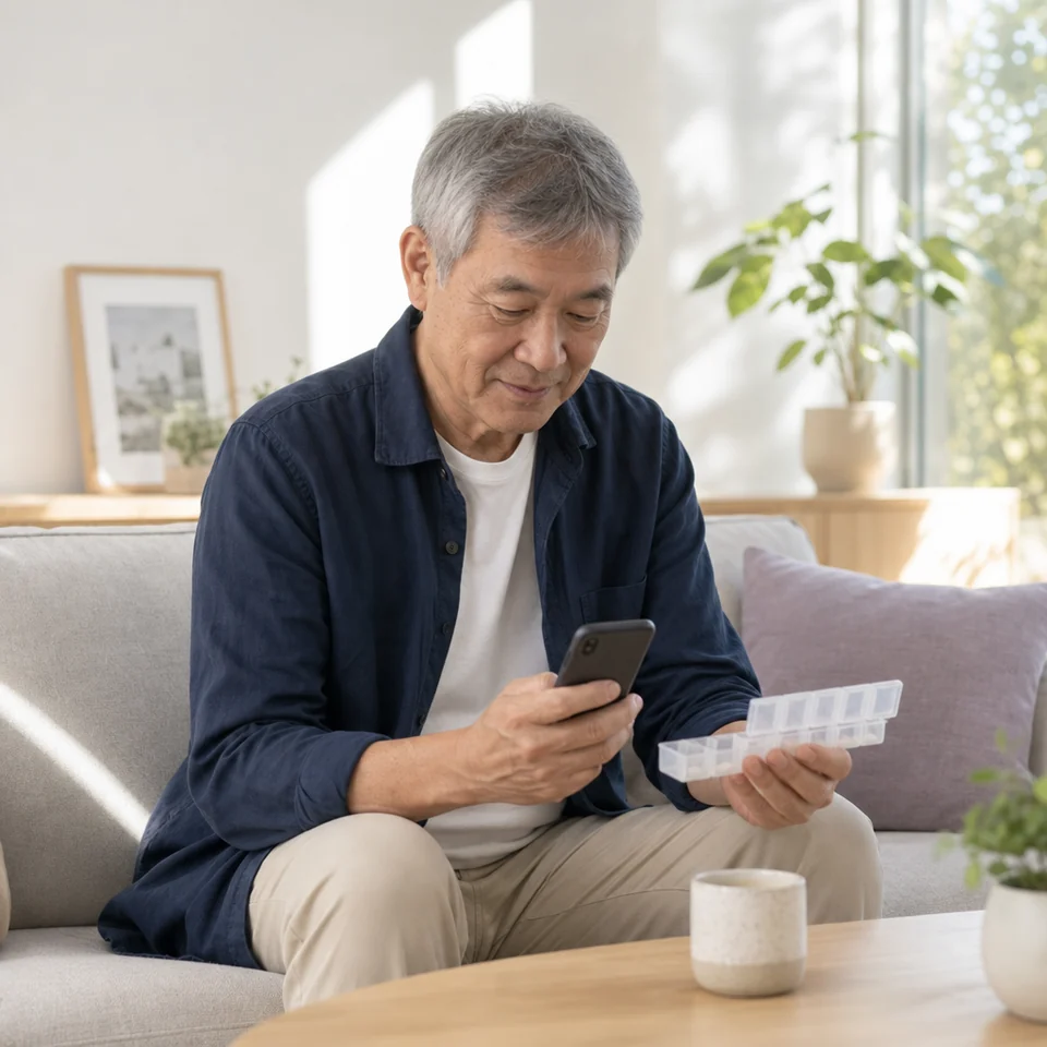 A man checking his weekly pill organiser at home