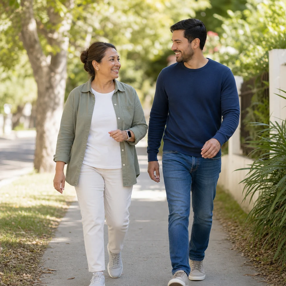 A woman and her adult son walking together on a suburban footpath