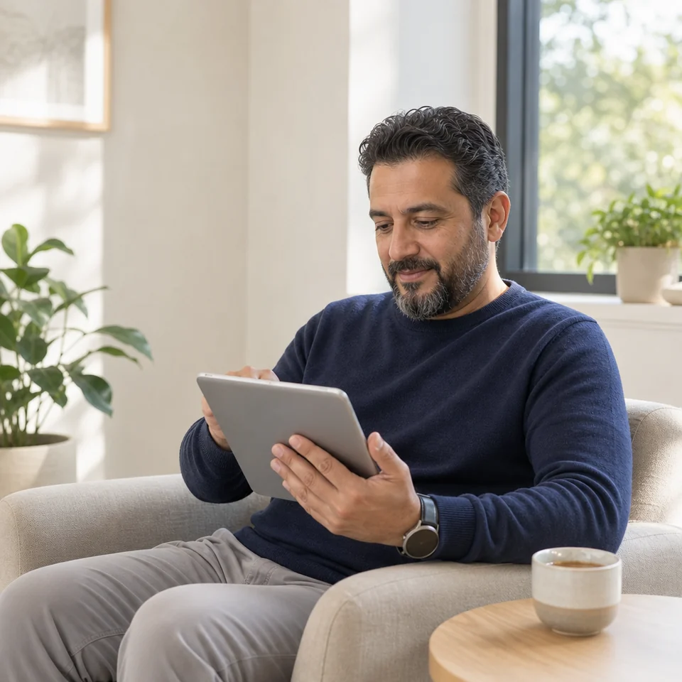 A man completing a wellbeing questionnaire on a tablet at home