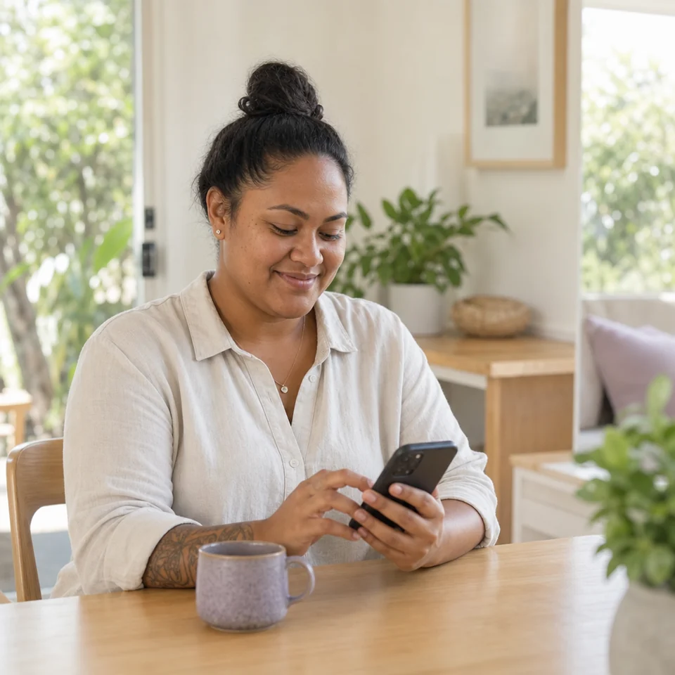 A woman completing a health history form on her phone at home