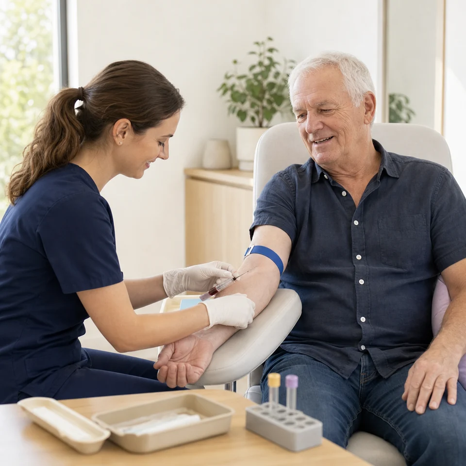 A clinician taking a blood sample from an older man at a local clinic