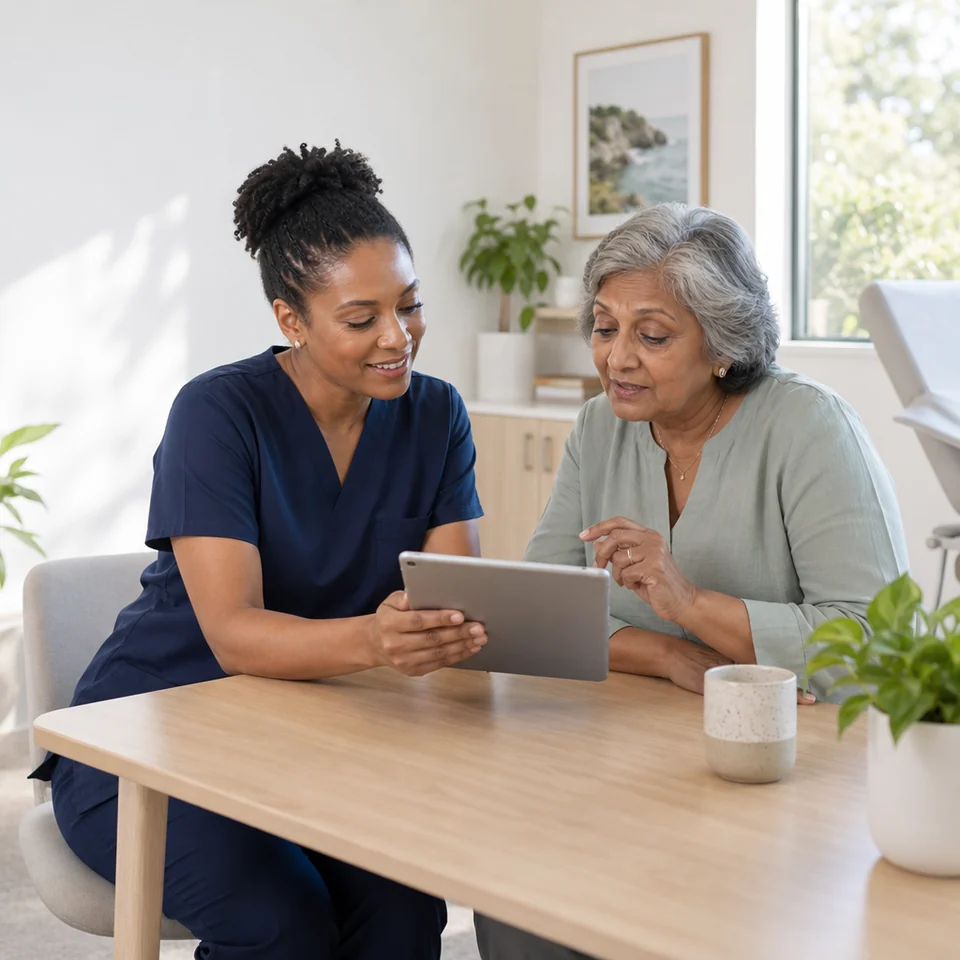 A clinician discussing diabetes results with an older woman in a consultation room