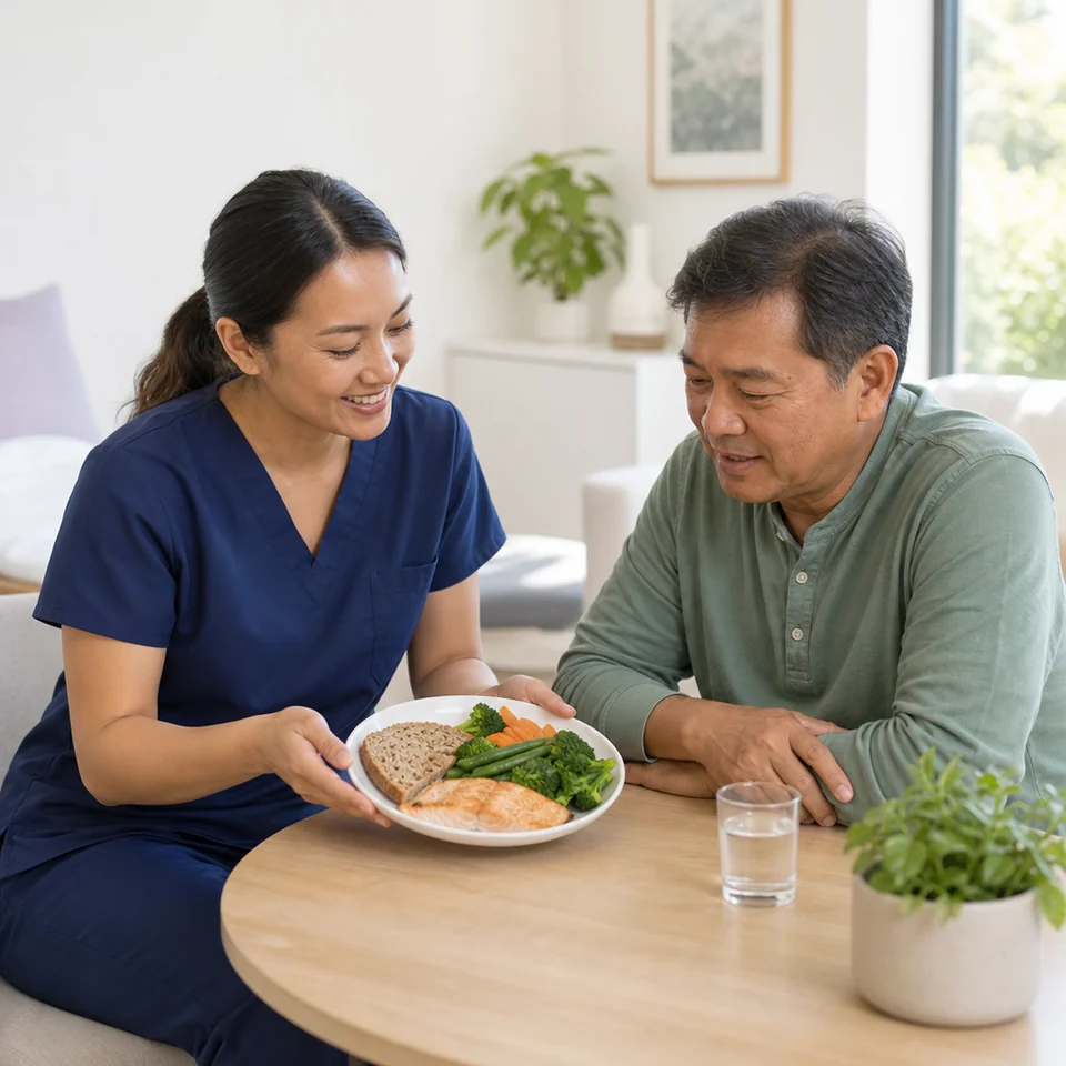 A diabetes educator and a patient discussing a balanced meal at a clinic table