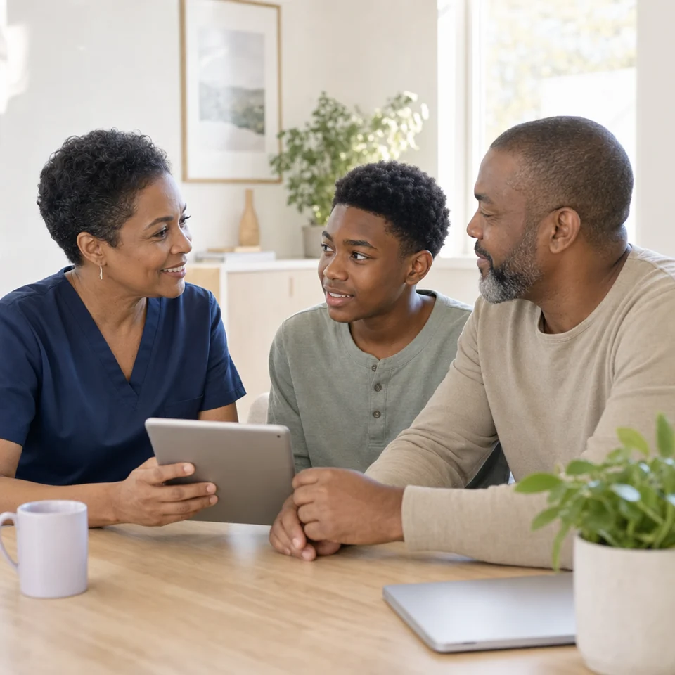 A clinician talks with a teenage patient and his father about asthma care in a bright consultation room.