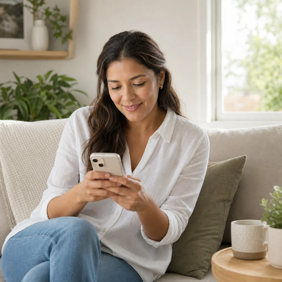 A woman answers asthma check-in questions on her phone at home.