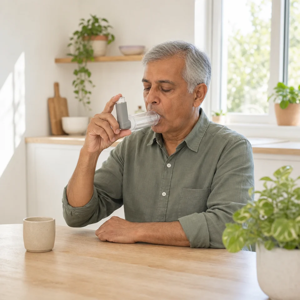 An older man uses an inhaler with a spacer at his kitchen table.