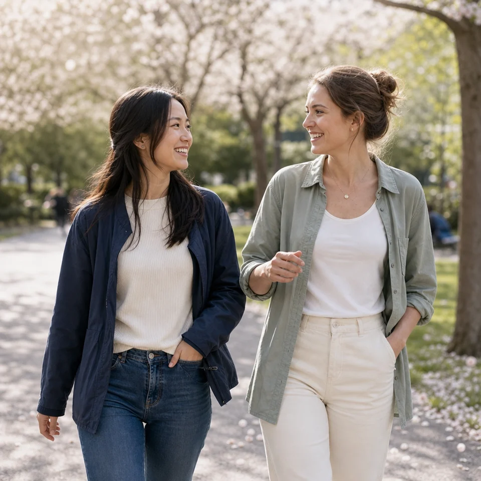 Two friends walk and talk through a park in spring.