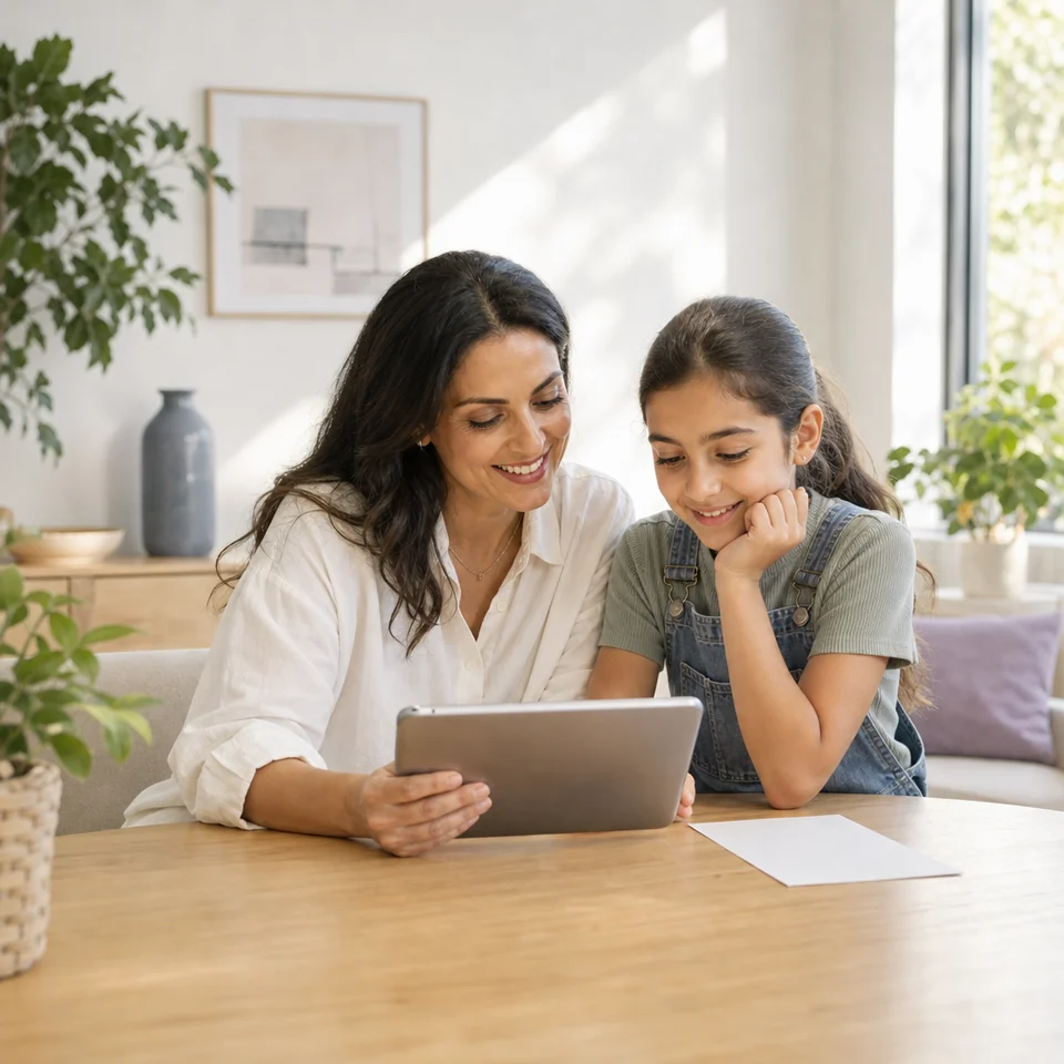 A mother and daughter look over asthma guidance together at home.