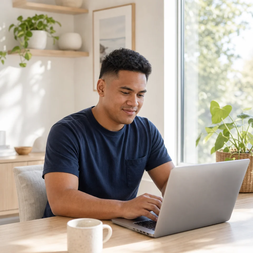 A young man fills in a health form on his laptop at home.