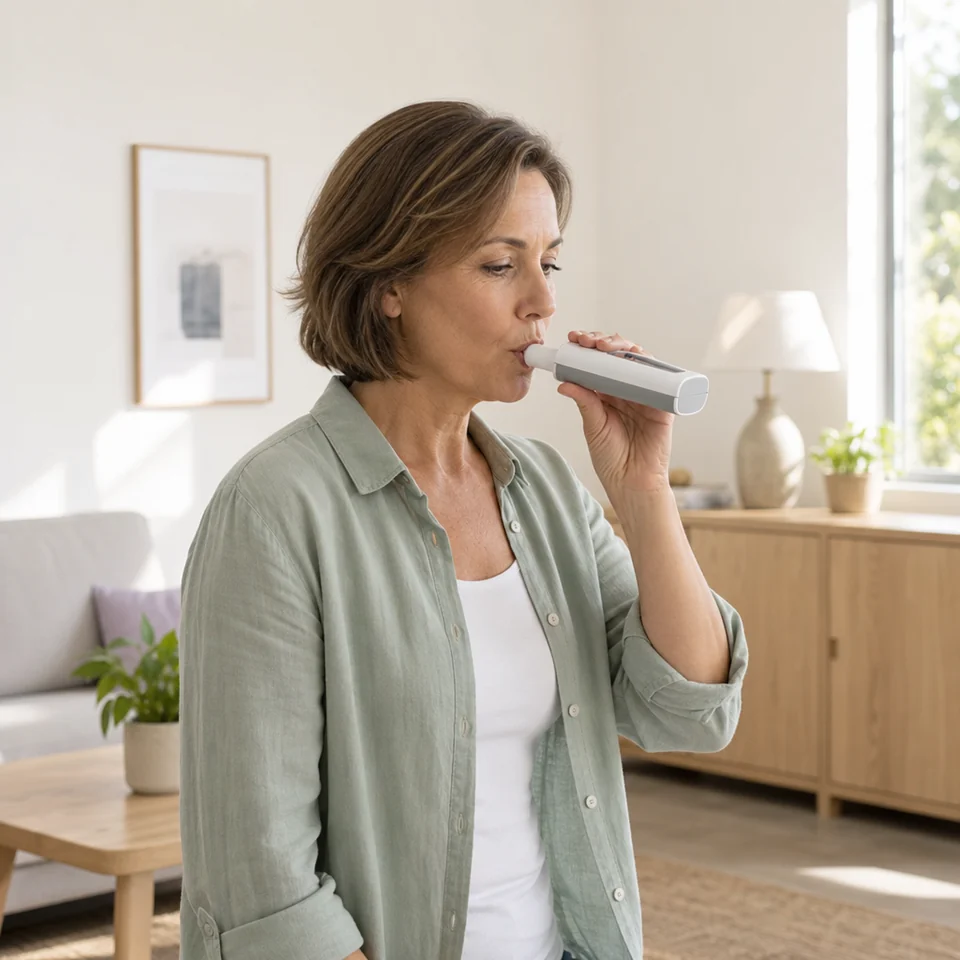 A woman uses a peak flow meter in her living room.