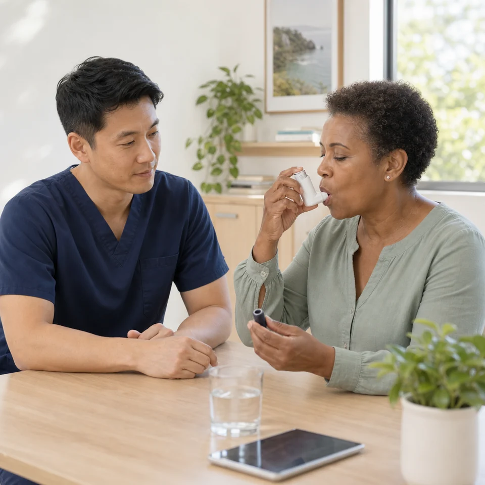 A clinician watches a patient show her inhaler technique during an asthma review.