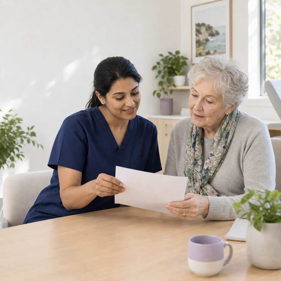 A clinician and an older woman go through an asthma action plan together.