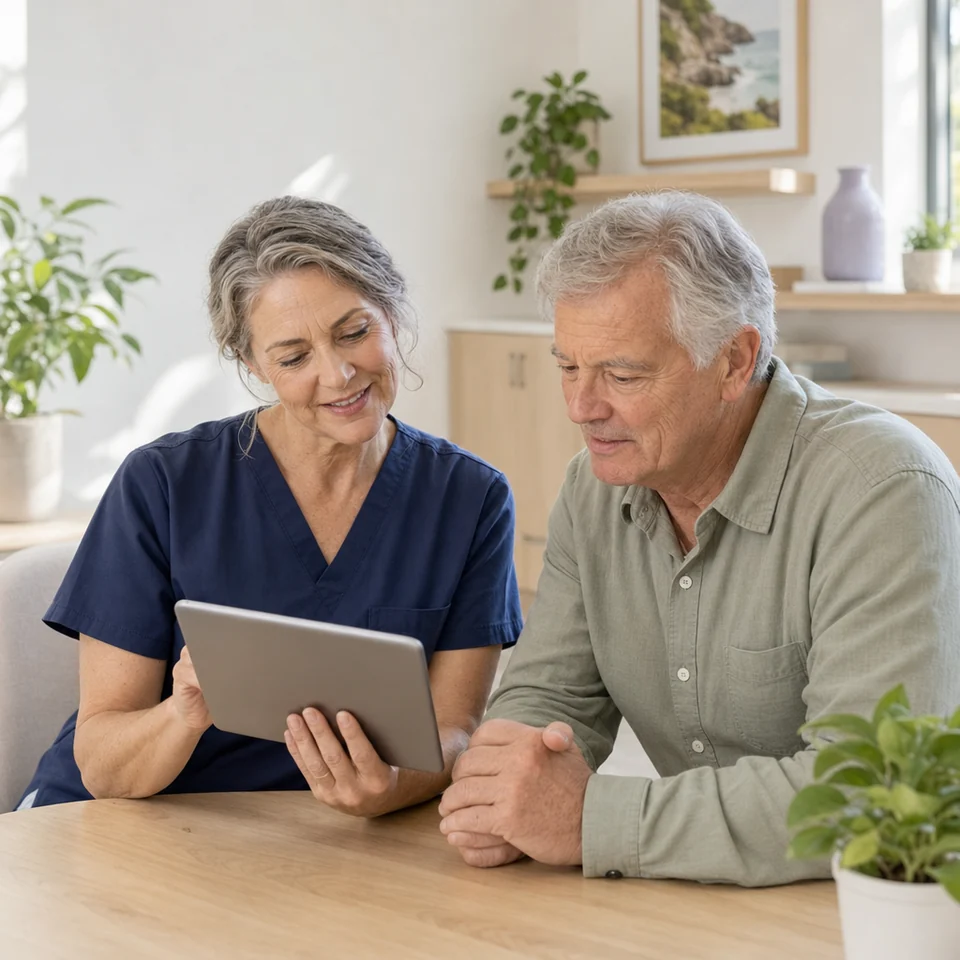 A respiratory nurse and an older man review a COPD care plan together on a tablet