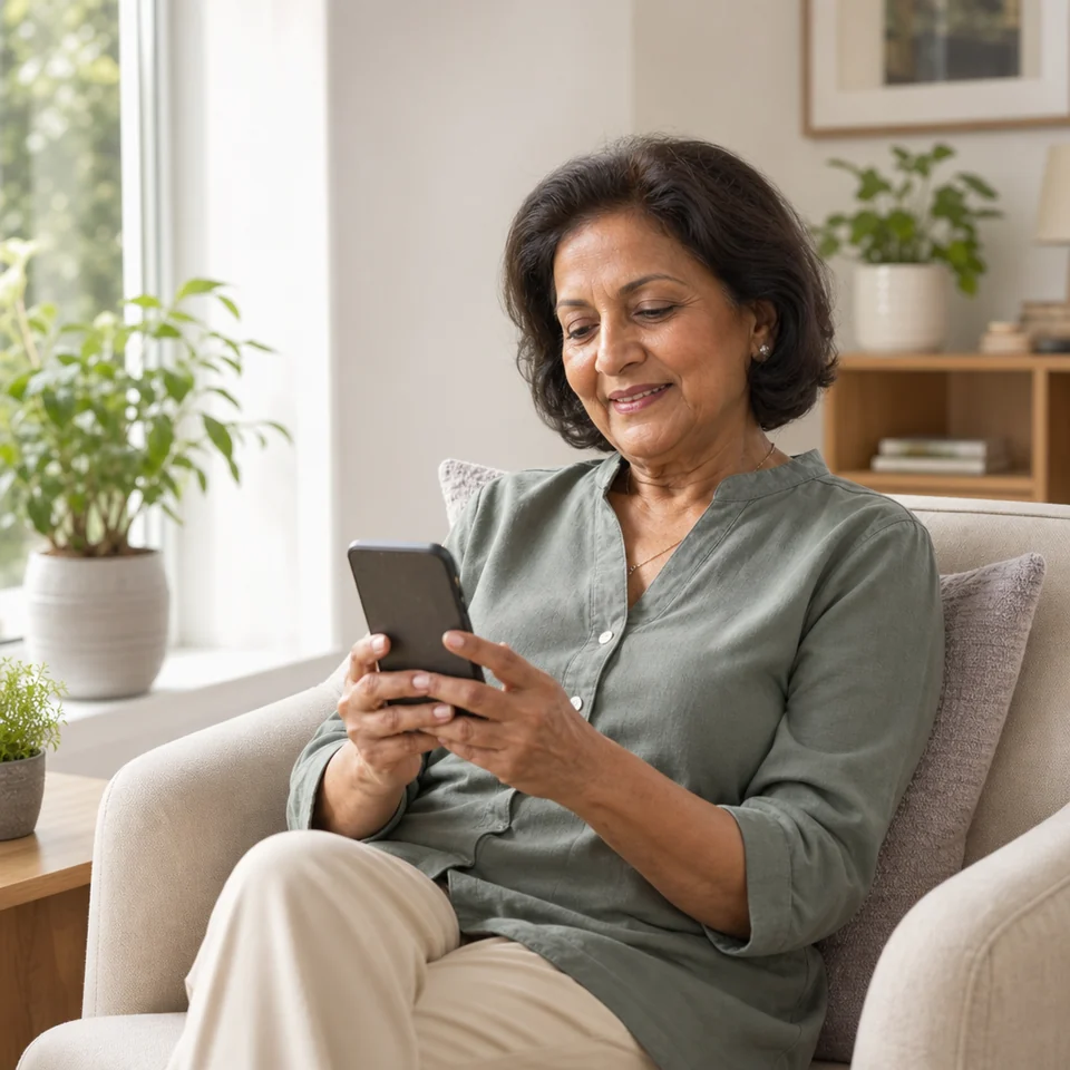 A woman completes a breathing symptom check-in on her phone at home