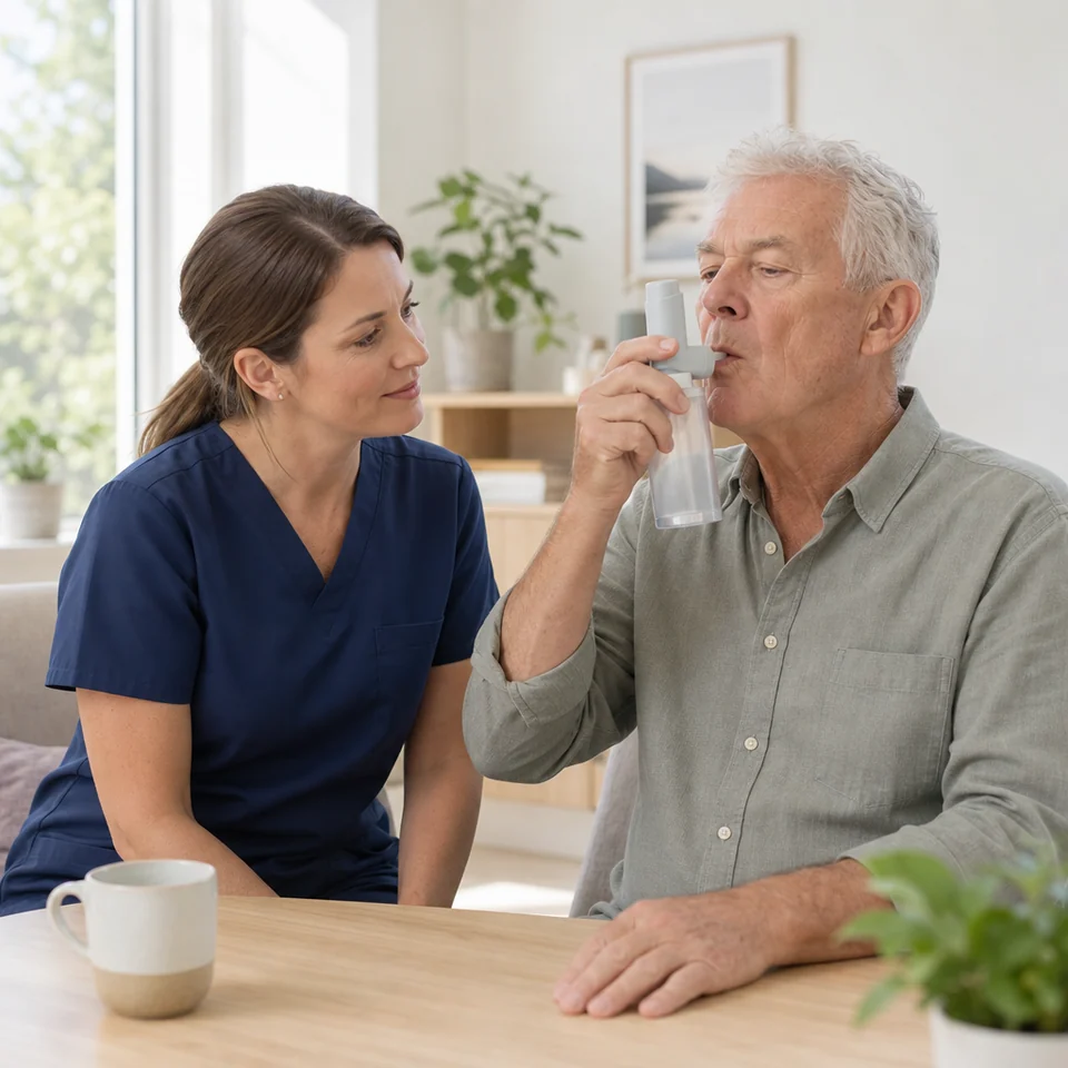 A nurse watches an older man practise his inhaler technique