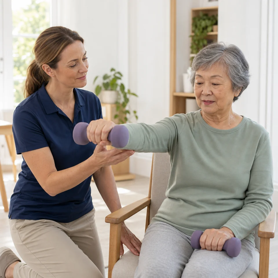 A physiotherapist guides an older woman through a seated rehabilitation exercise