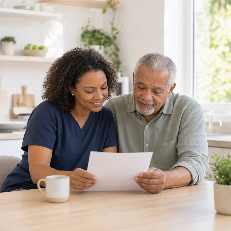 A daughter and her father read through his COPD action plan at home