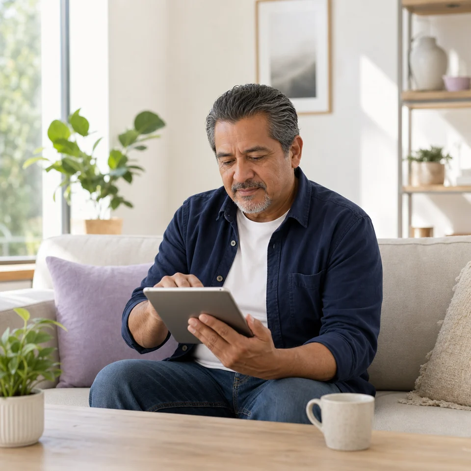 A man shares his breathing history on a tablet before his COPD review