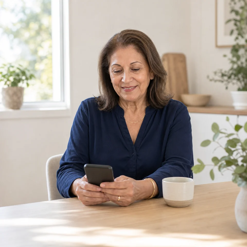 A woman answers a COPD symptom questionnaire on her phone at home