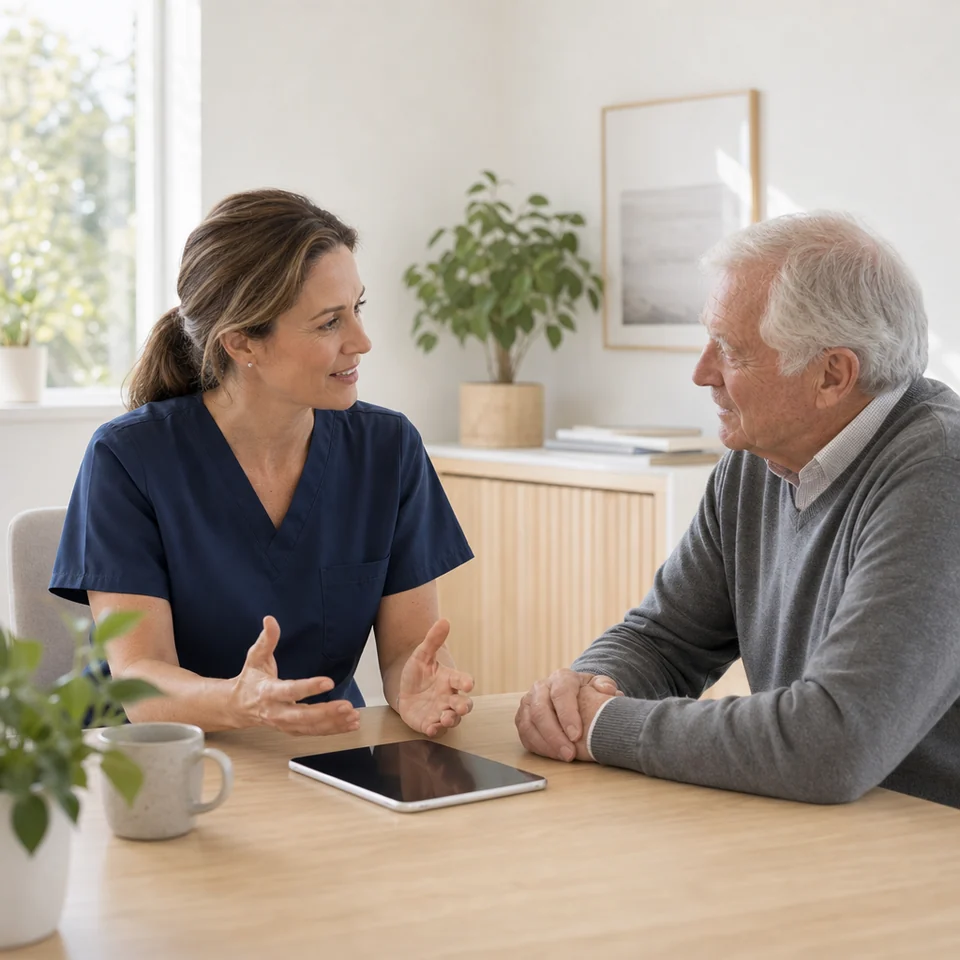A respiratory physician discusses COPD progress with an older man