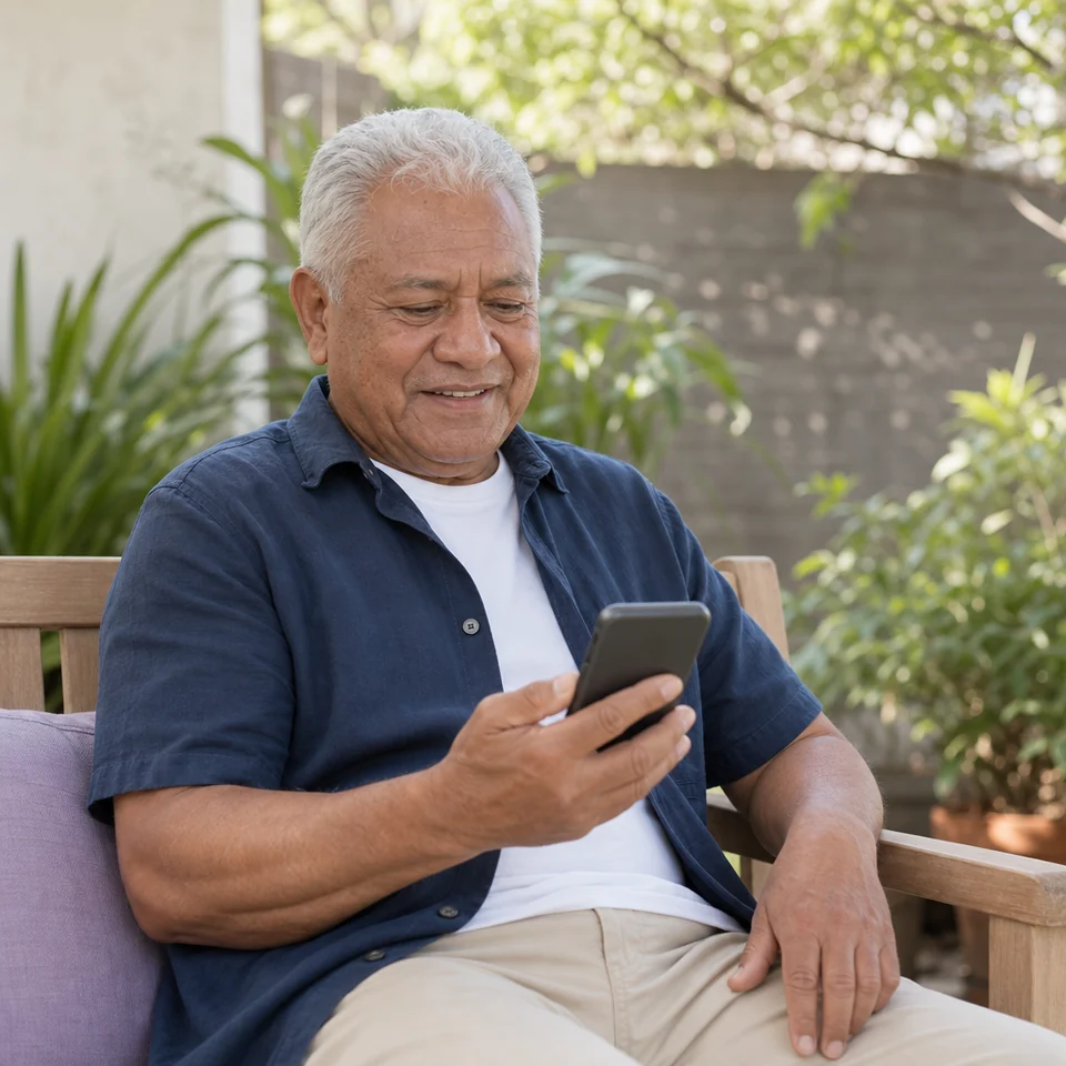 An older man checks a reminder from his care team on his phone in the garden