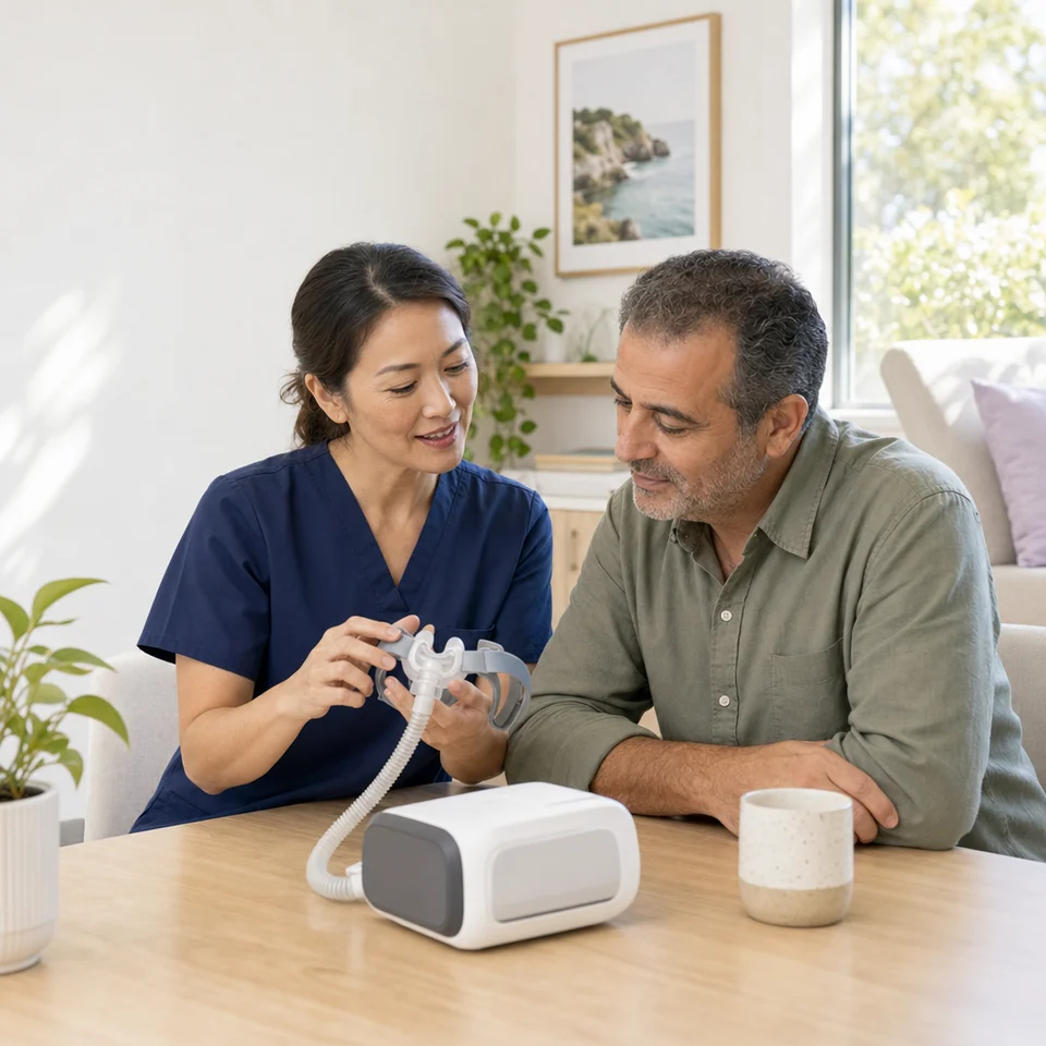 A sleep clinician shows a patient a CPAP nasal mask during a follow-up consultation