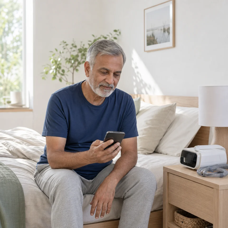 A man checks his phone in the morning beside his CPAP machine on the bedside table