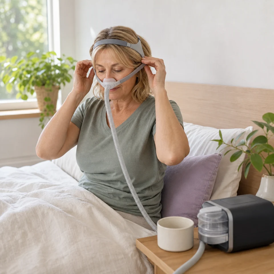 A woman adjusts the fit of her nasal CPAP mask while sitting up in bed