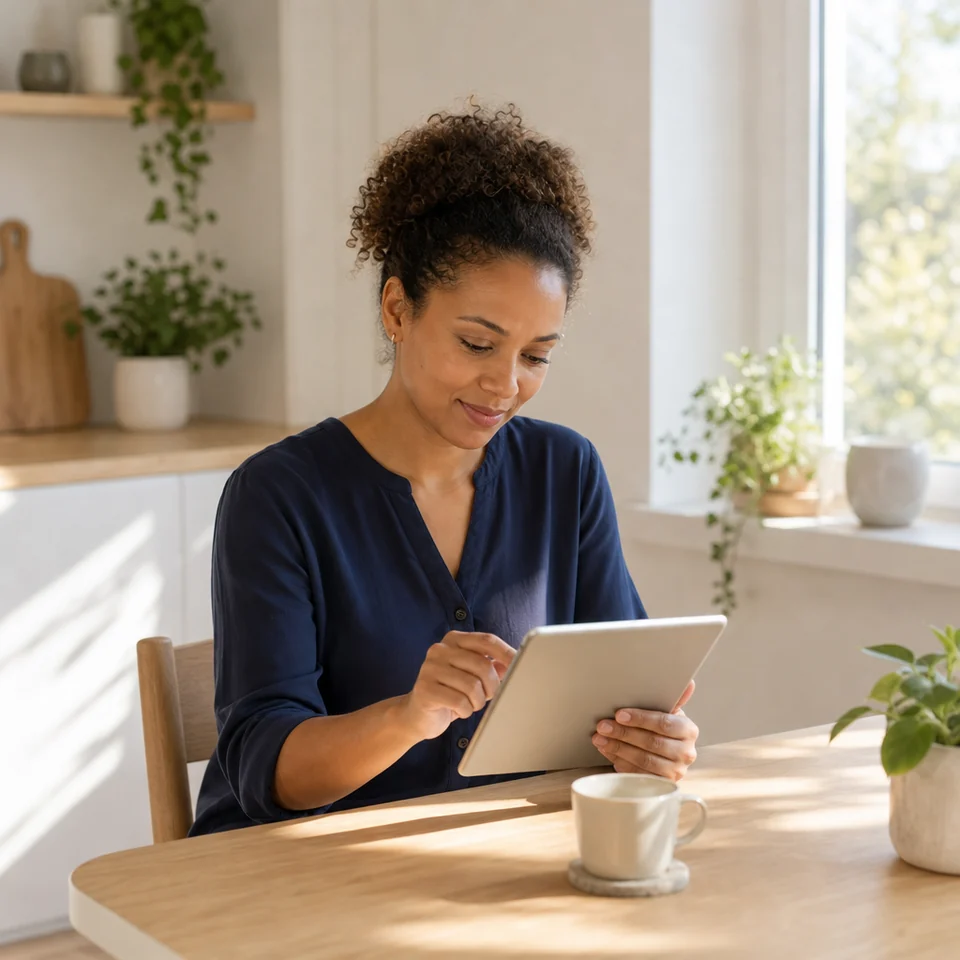 A woman completes a check-in on a tablet at her kitchen table in the morning