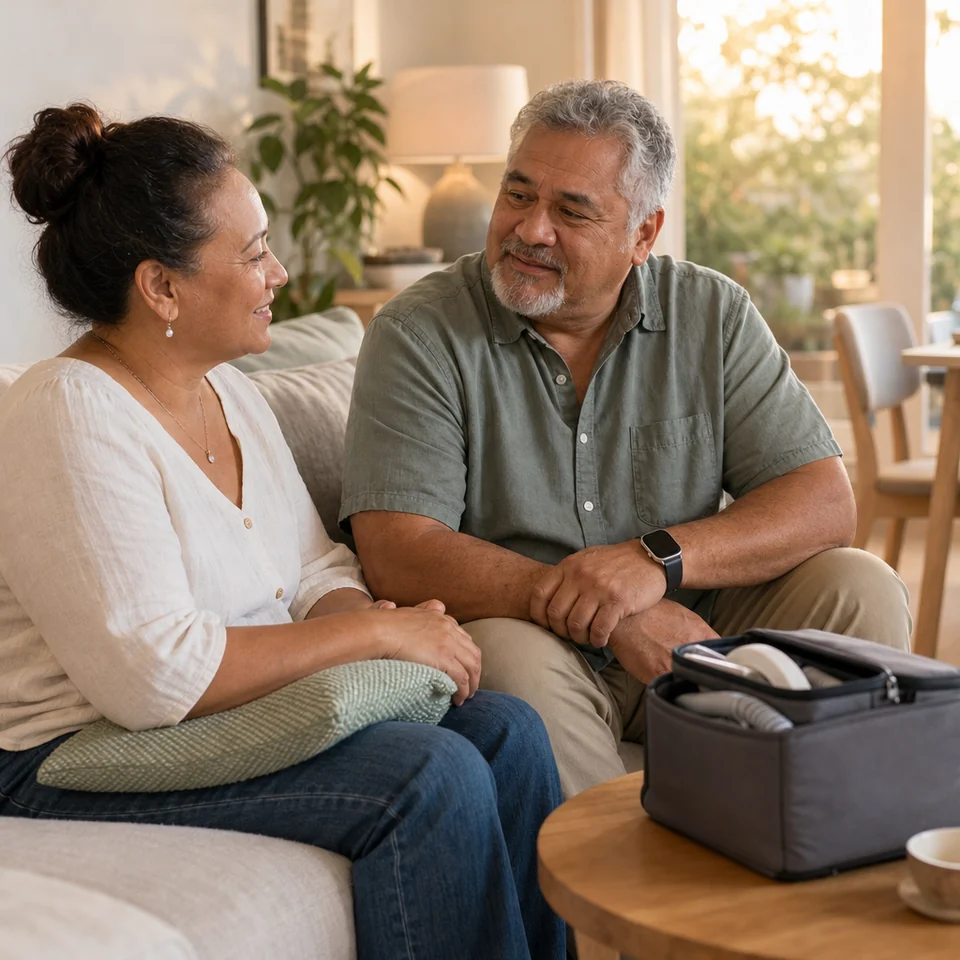 An older couple talk in the evening at home, with a CPAP travel bag on the side table