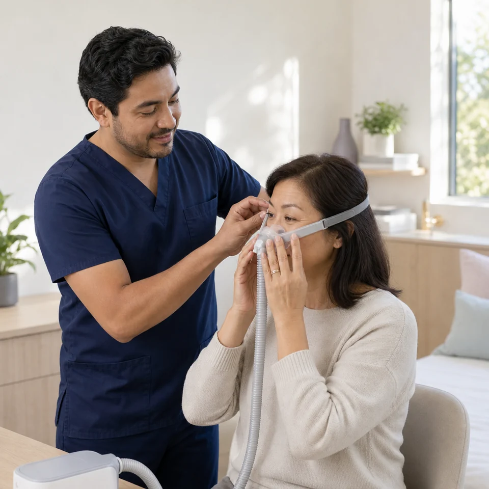 A sleep technologist shows a patient how to put on a CPAP mask in the clinic