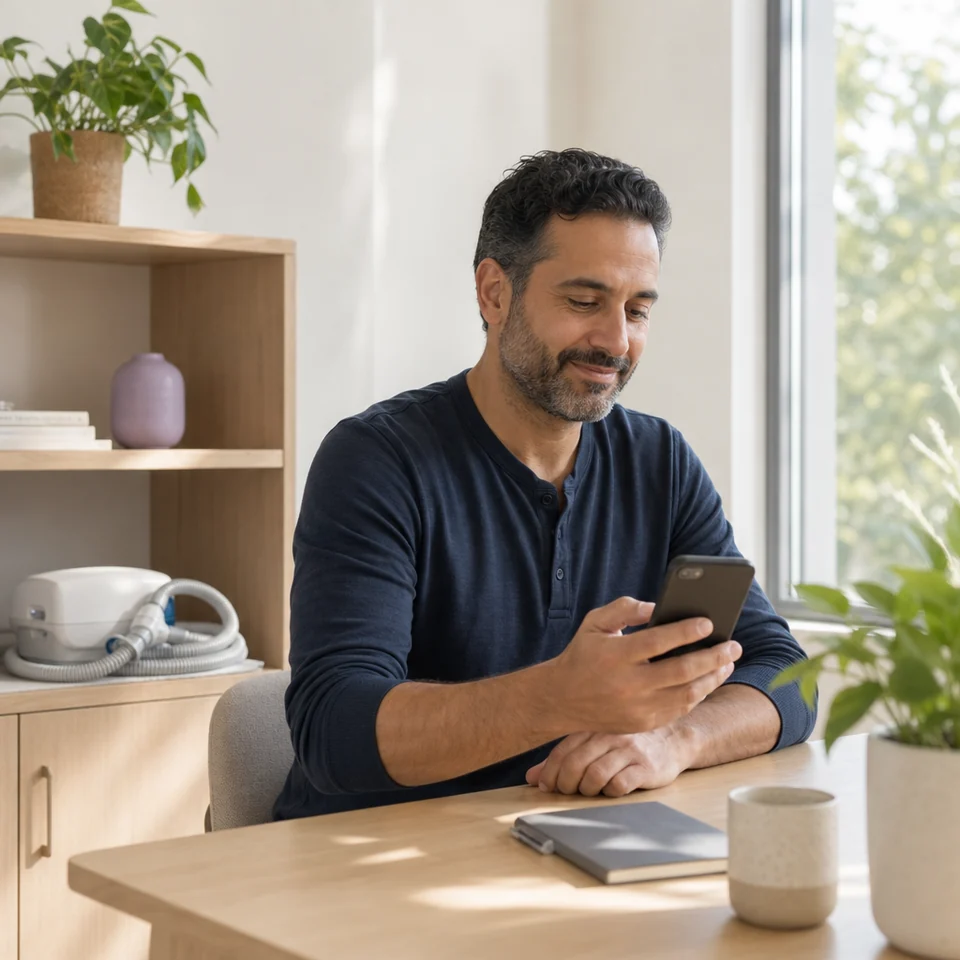 A man completes a morning check-in on his phone at home
