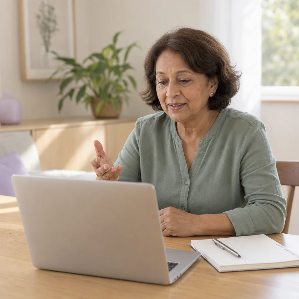 A woman talks with her sleep team on a video consultation at home