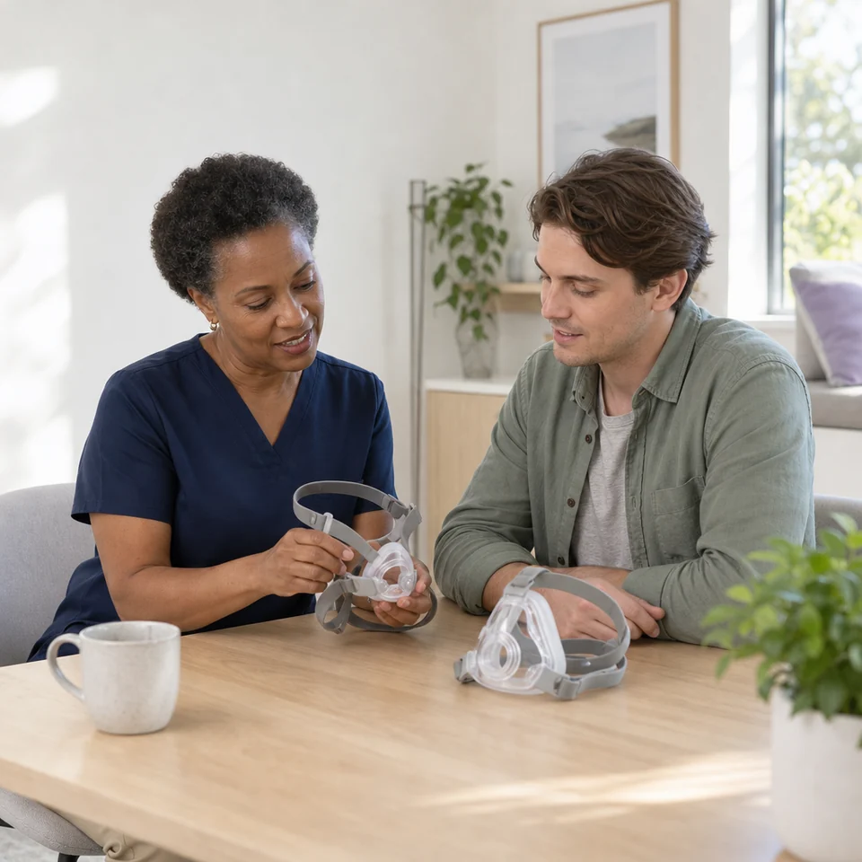 A clinician and a patient compare two CPAP mask types at a consultation