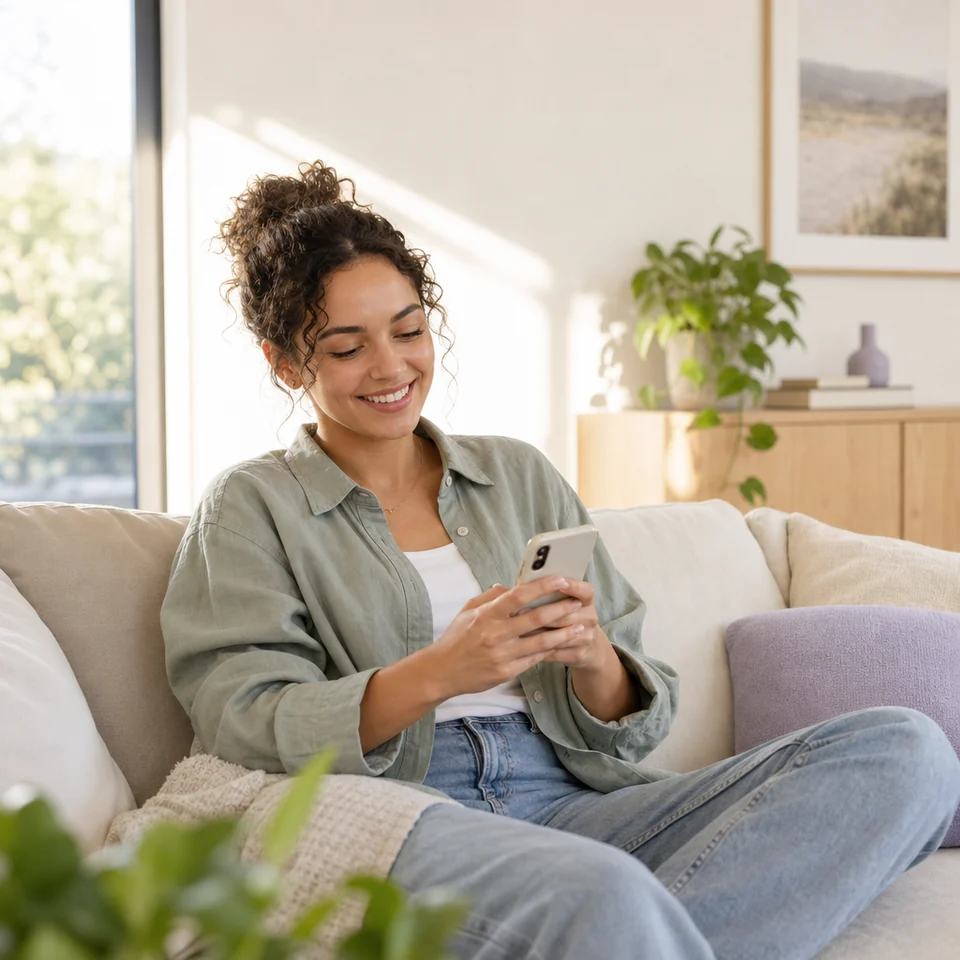 A young woman reads a reminder on her phone while relaxing at home