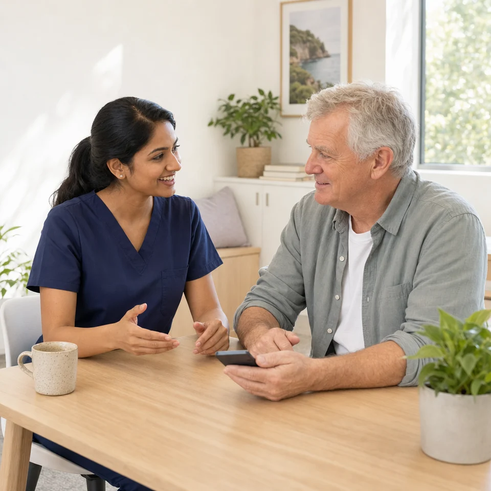 Physiotherapist and patient talking together in a calm clinic room