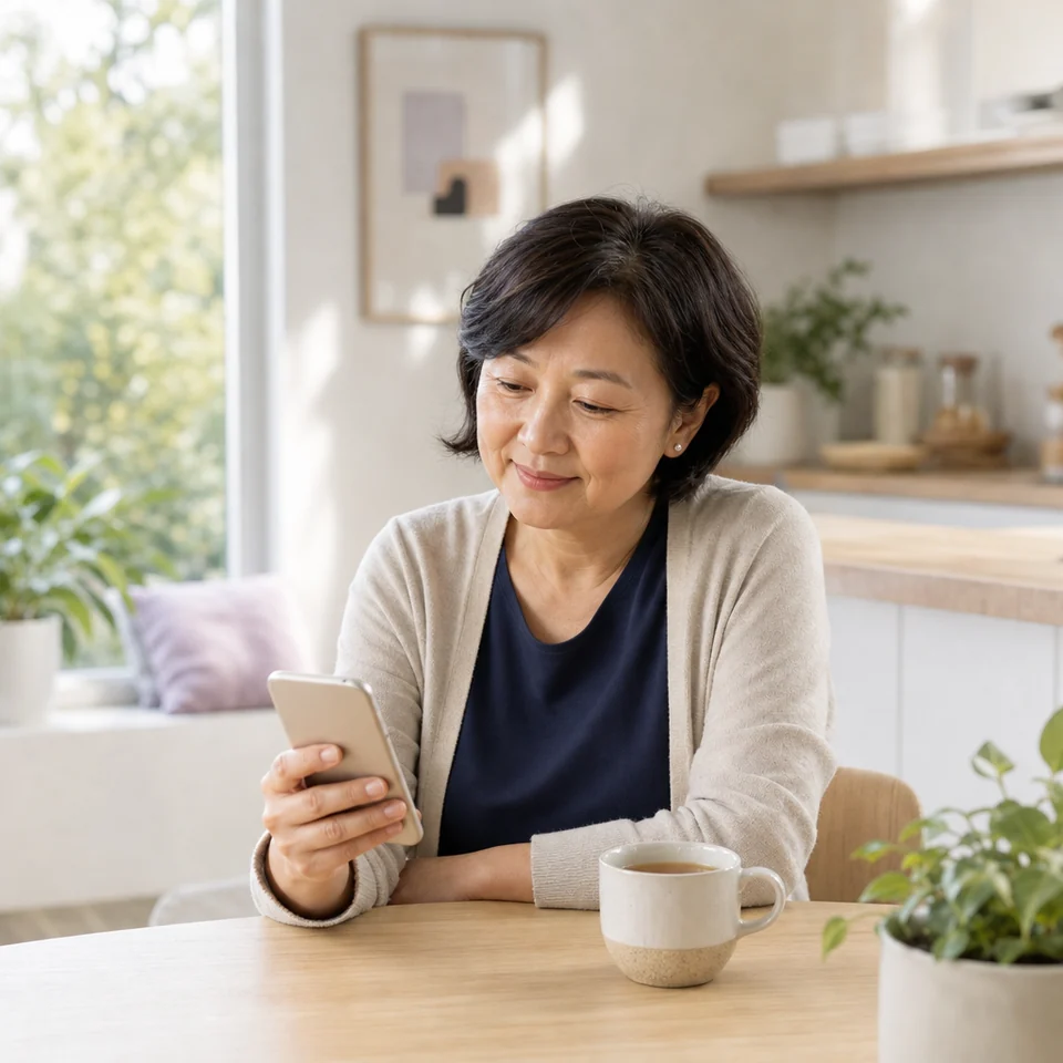 Woman at her kitchen table completing a pain check-in on her phone