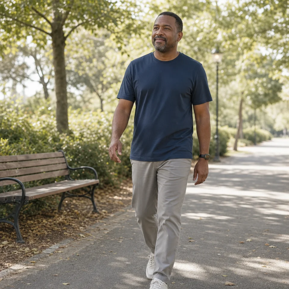 Man walking at a gentle pace in a park, wearing a smartwatch