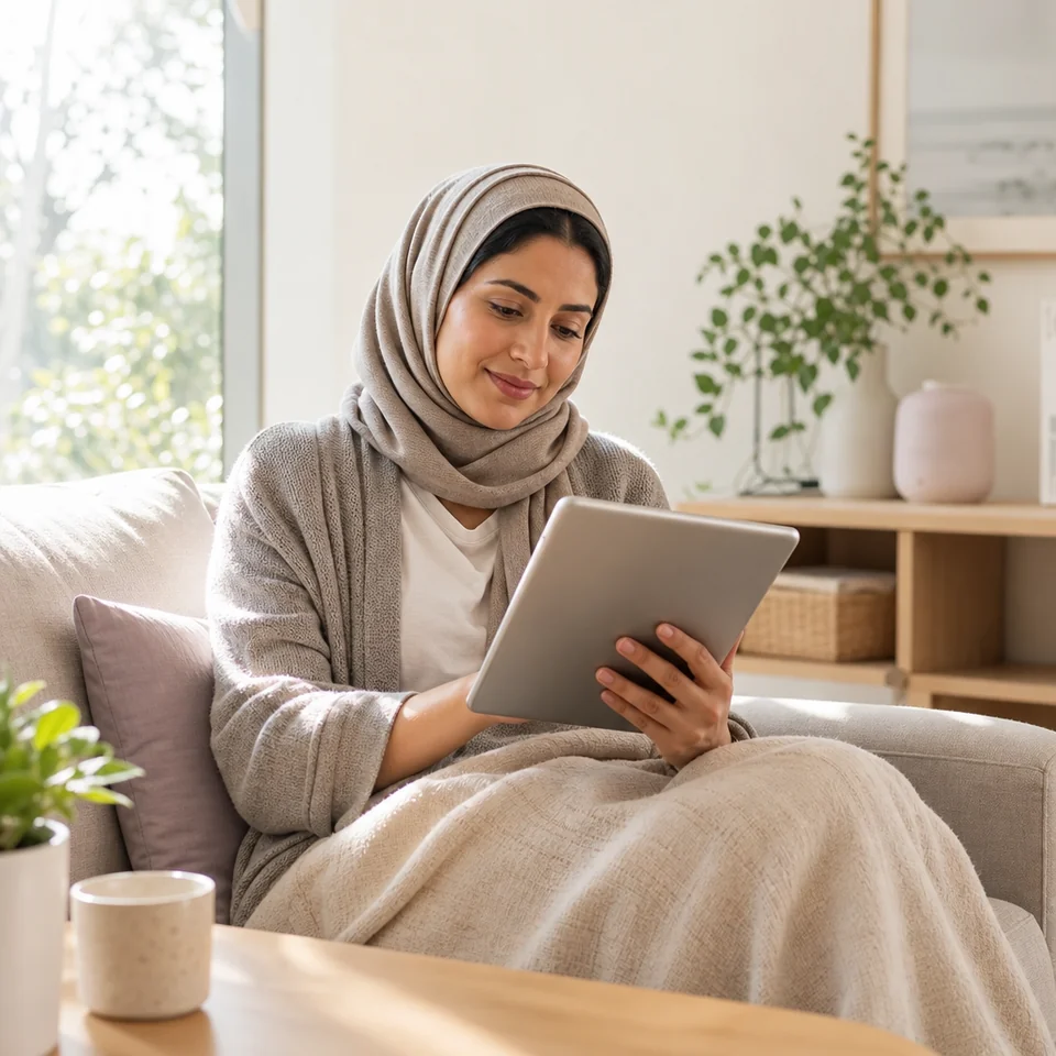Woman on a sofa completing a sleep and mood check-in on a tablet