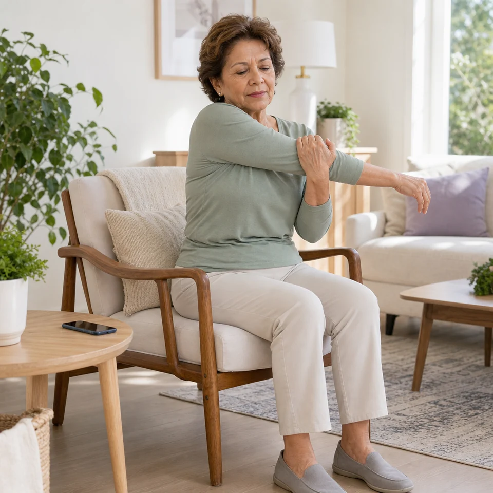 Older woman doing a gentle seated stretch at home