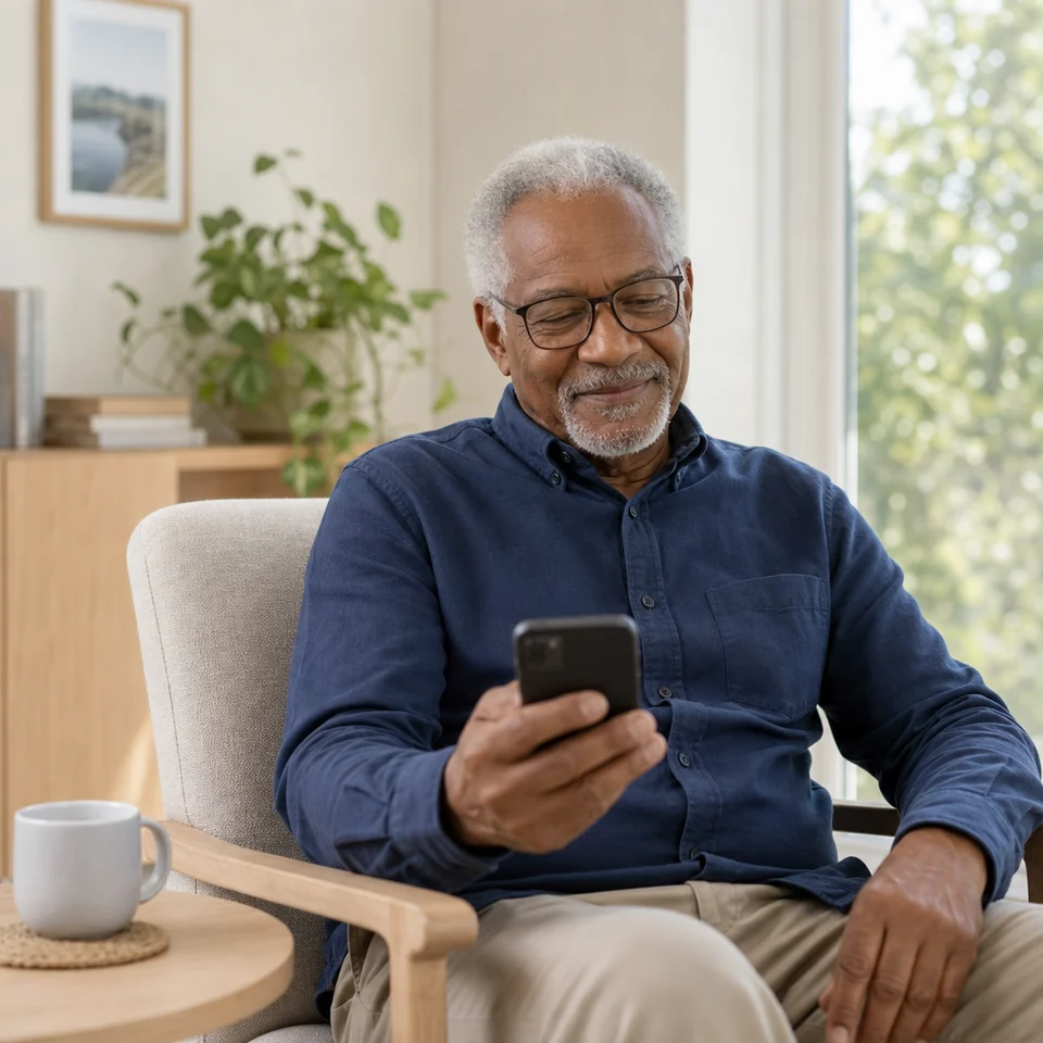 Older man at home completing pain questionnaires on his phone
